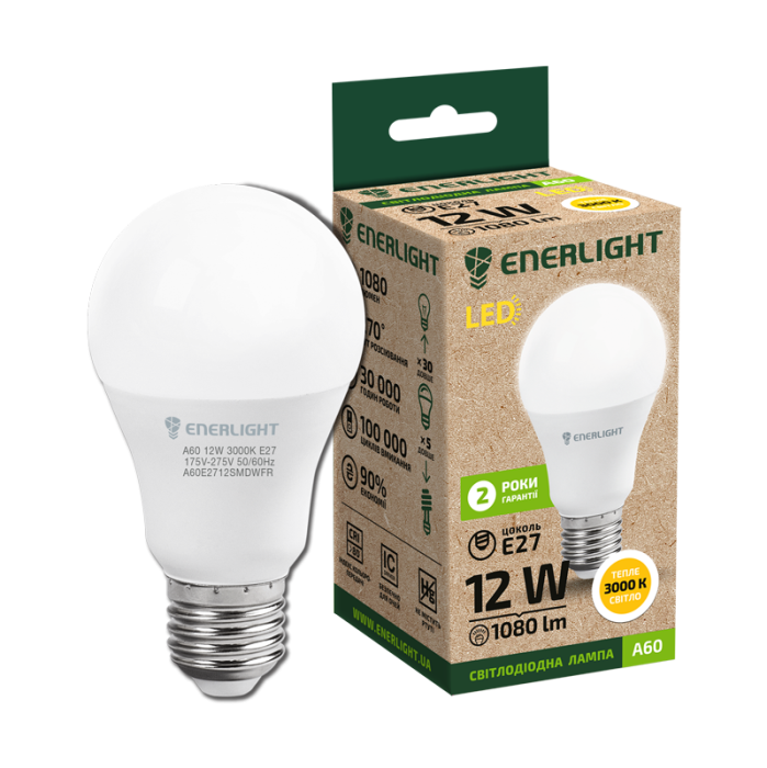 Лампа світлодіодна  ENERLIGHT А60 12Вт 3000К Е27 *1/10/100*(037)