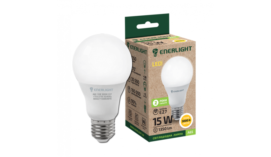 Лампа світлодіодна  ENERLIGHT А65 15Вт 3000К Е27 *1/10/100*(059)
