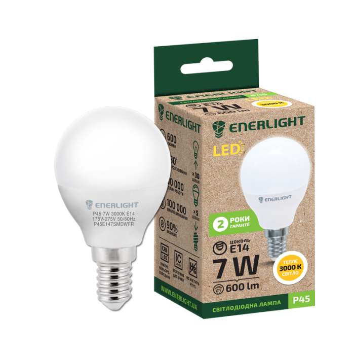 Лампа світлодіодна  ENERLIGHT P45 7Вт 3000К Е14 *1/10/100*(765)